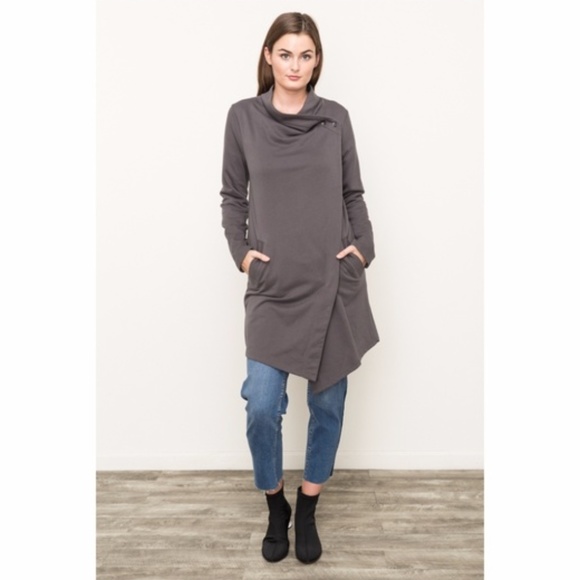 Asymmetrical Longline Drape Neck Soft Gray Jacket - Picture 5 of 6